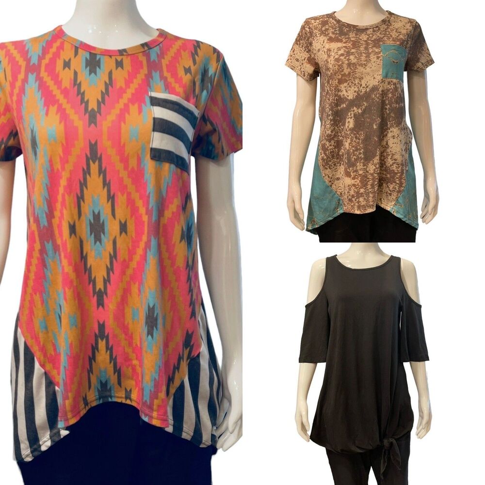 Crazy Train Lot Hi-low Tunic Top Tee Western Aztec Stripe Sz Small Black Shirt